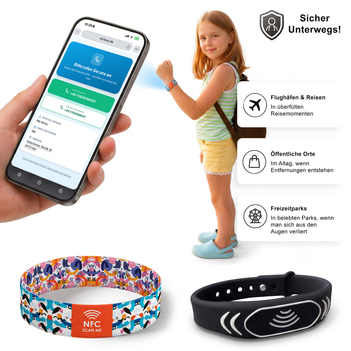 NFC-Notfallarmband für Kinder – schnelle Kontaktaufnahme im Trennungsfall | 2er-Set