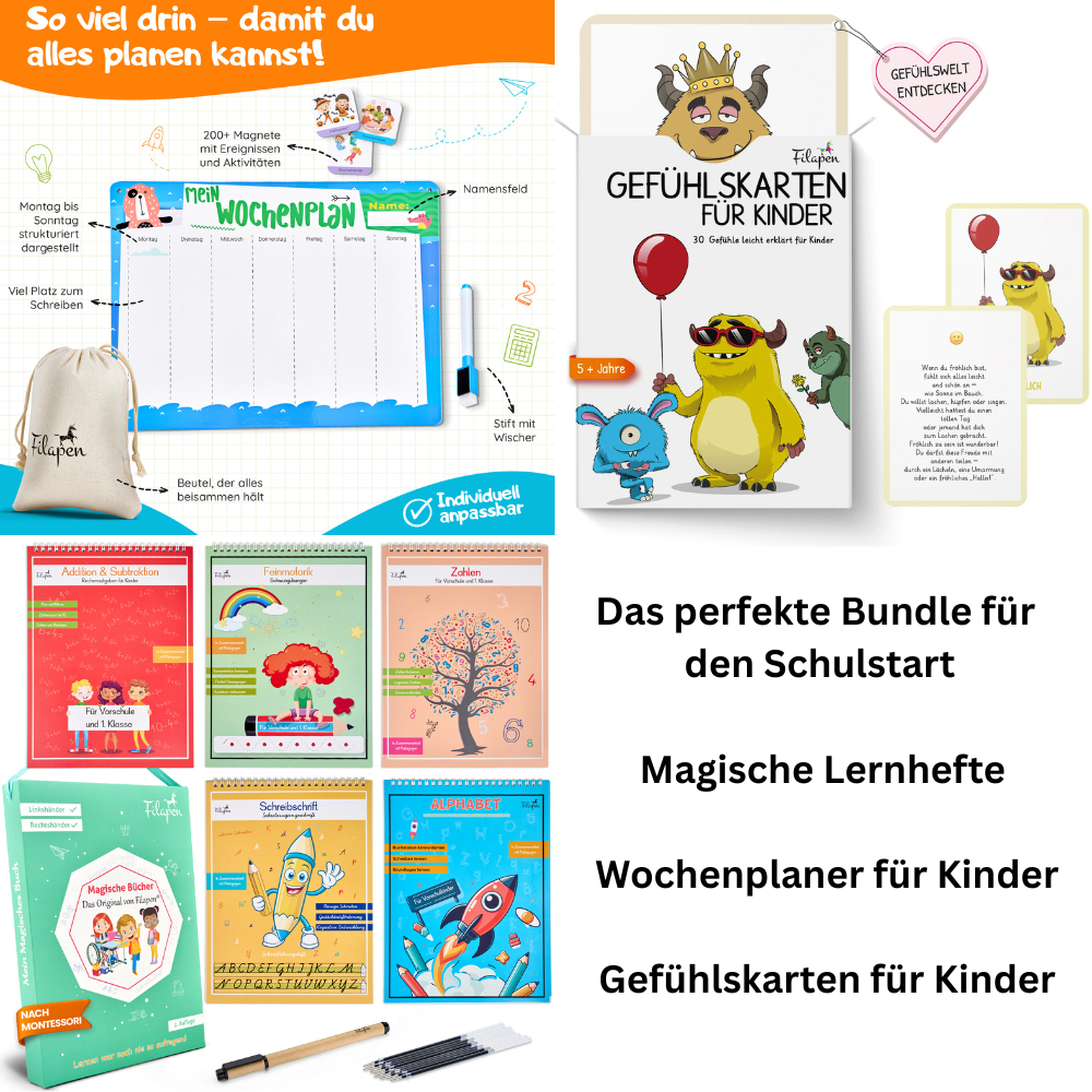 Filapen Schulstart-Bundle – Magische Lernhefte + Gefühlskarten + Wochenplaner