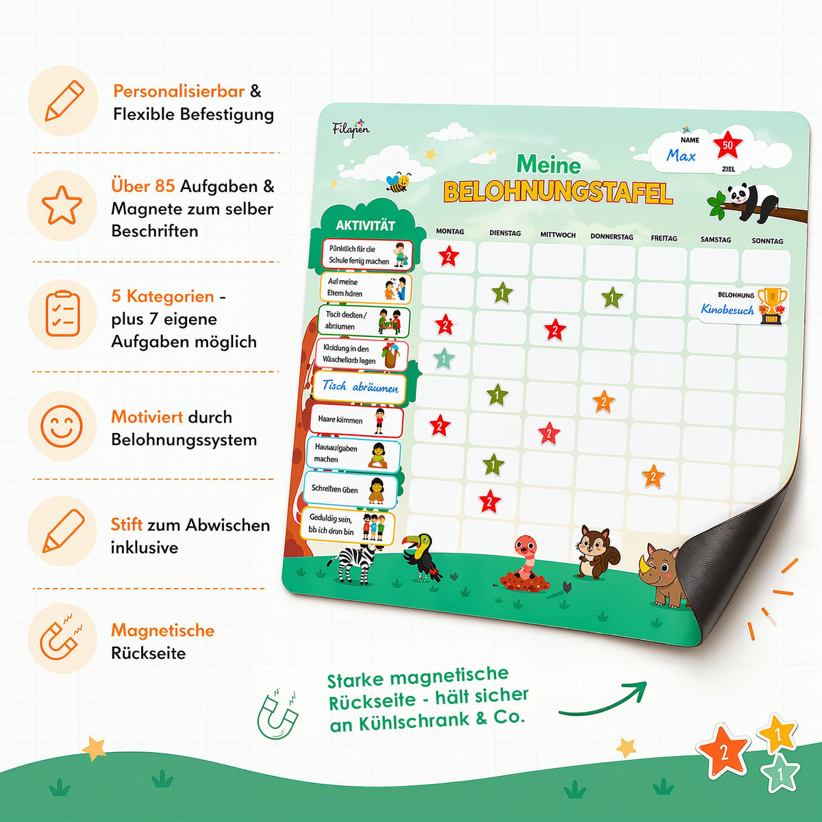 Filapen® Kinder Belohnungstafel - Montessori Magnettafel inkl. 303 Magnete