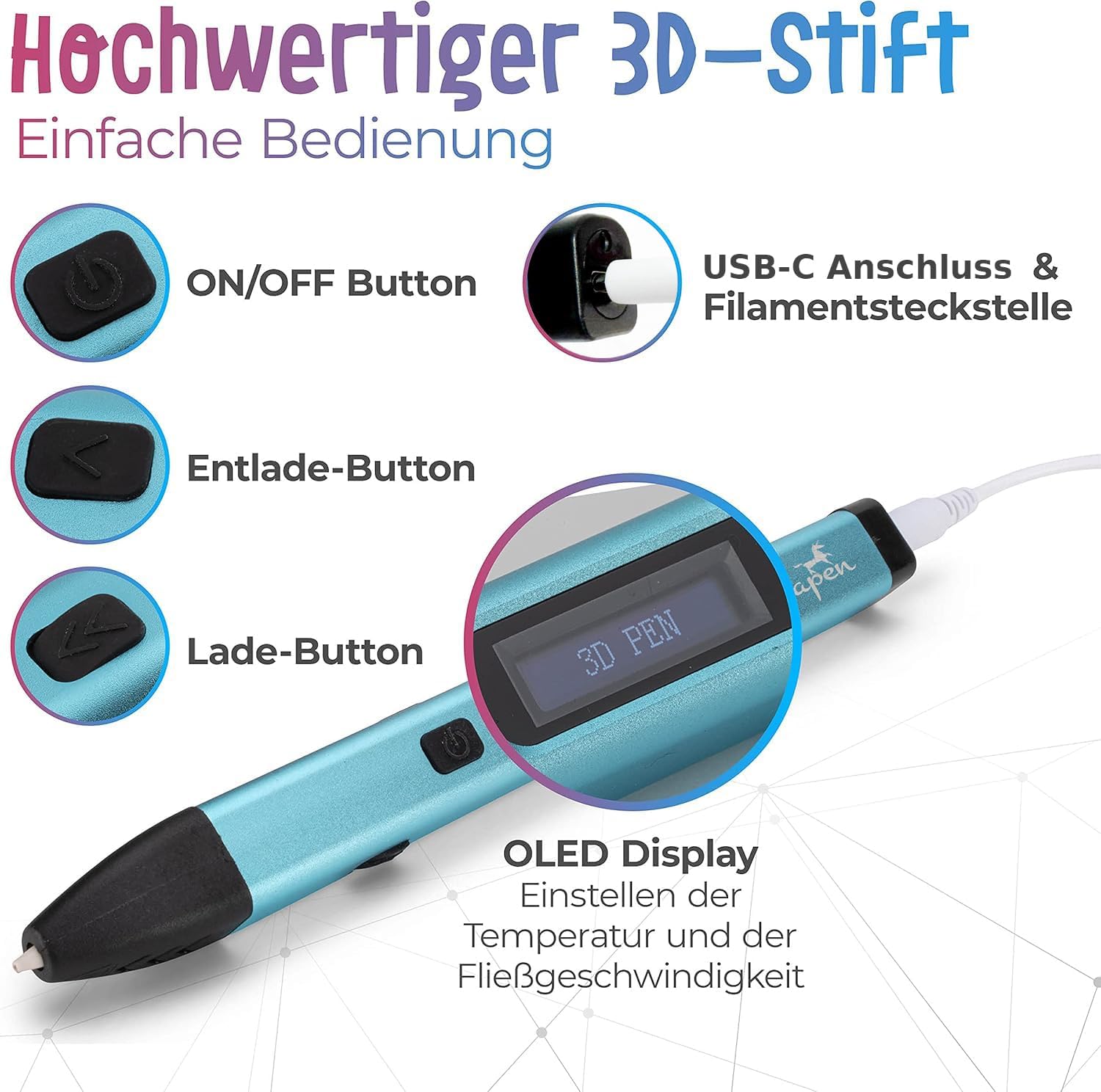 Premium 3D Stift Set mit 10 Filamenten und Etui (Blau)