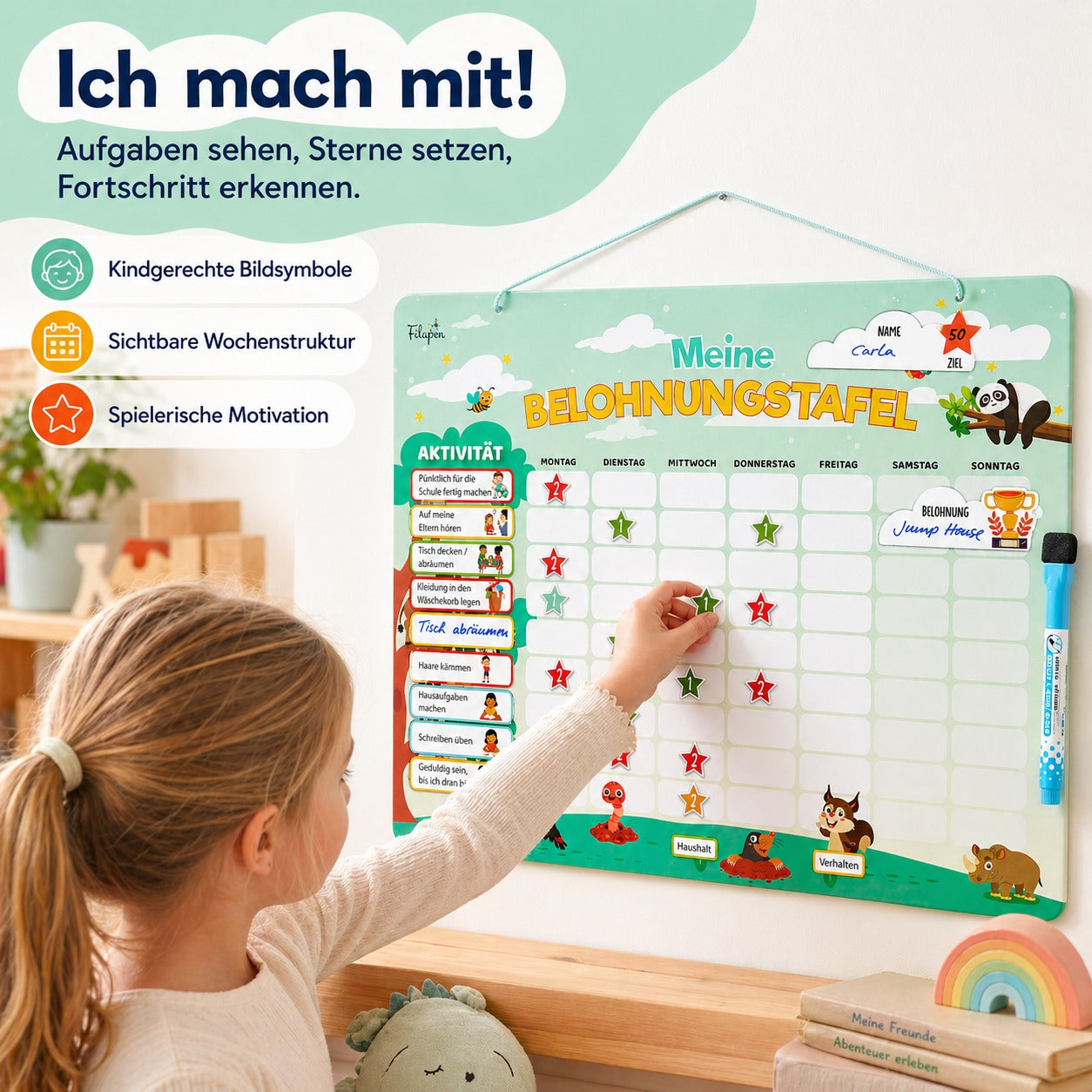 Filapen® Kinder Belohnungstafel - Montessori Magnettafel inkl. 303 Magnete