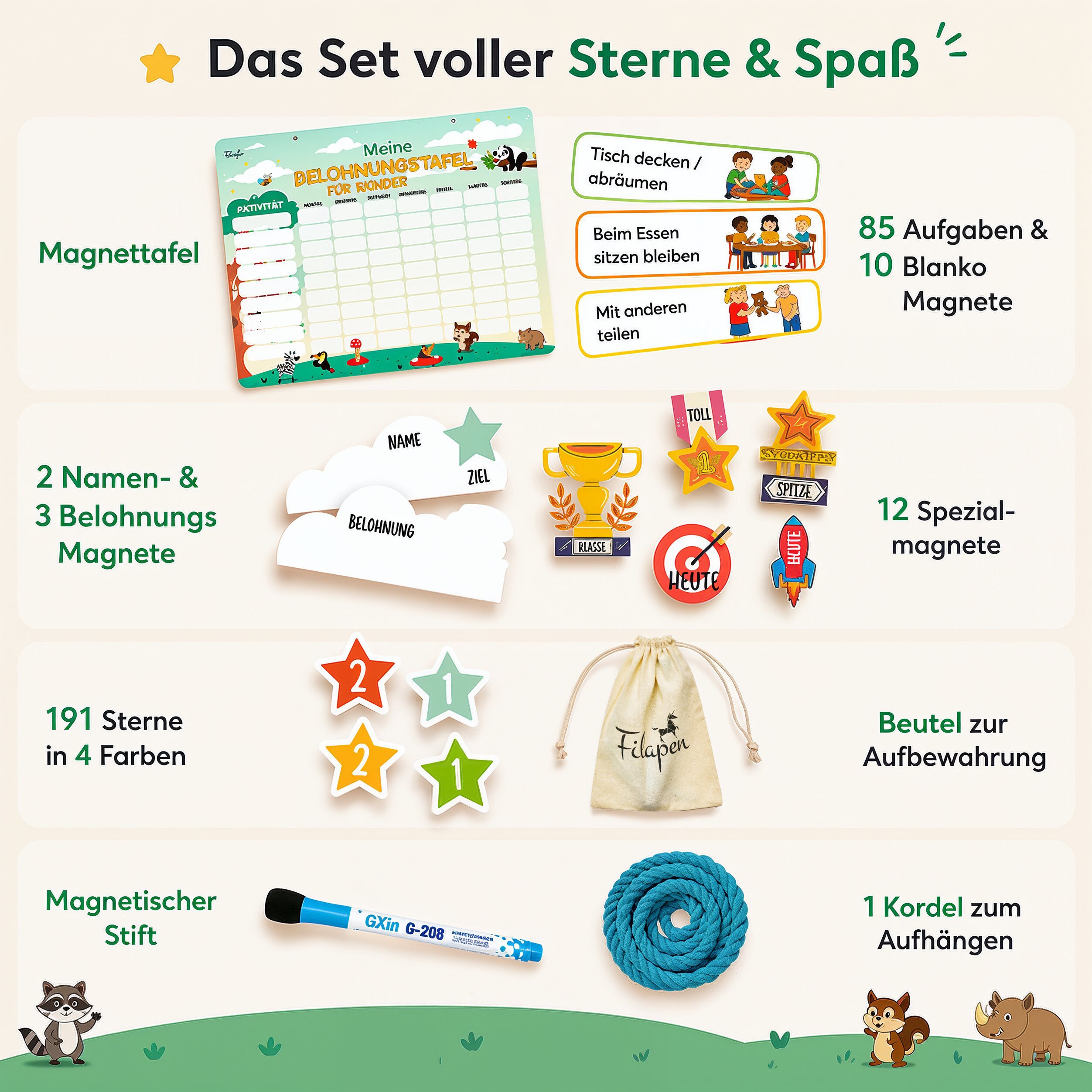 Filapen® Kinder Belohnungstafel - Montessori Magnettafel inkl. 303 Magnete