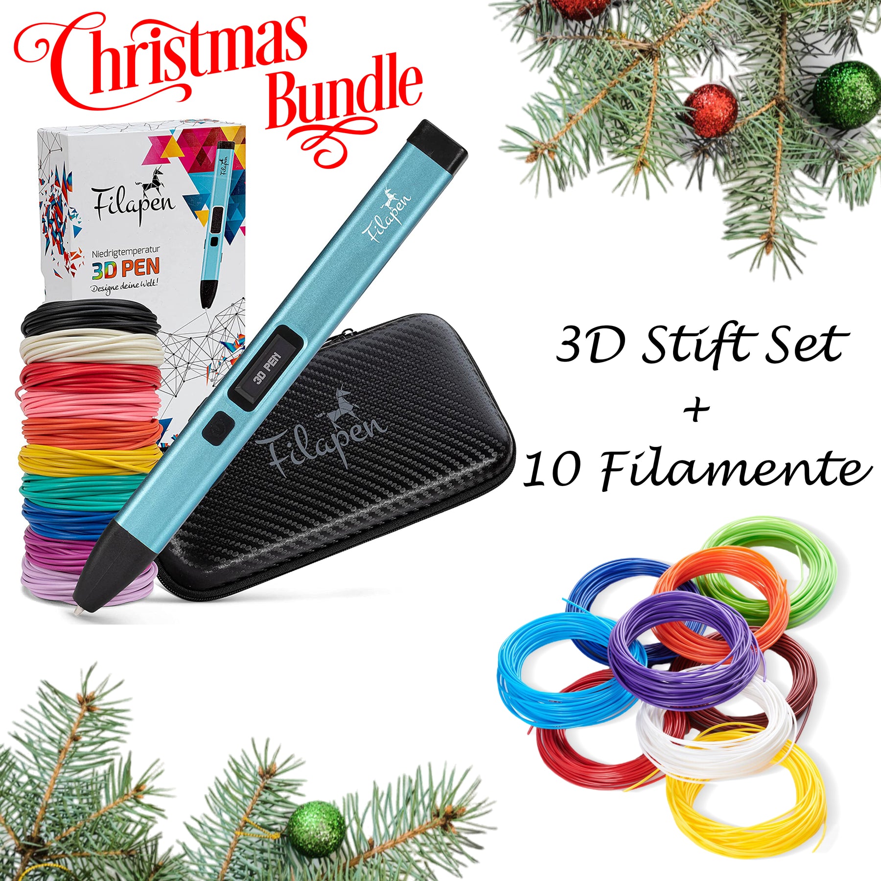 Premium 3D Stift Set + 10er PCL-Filamente - Weihnachts Bundle