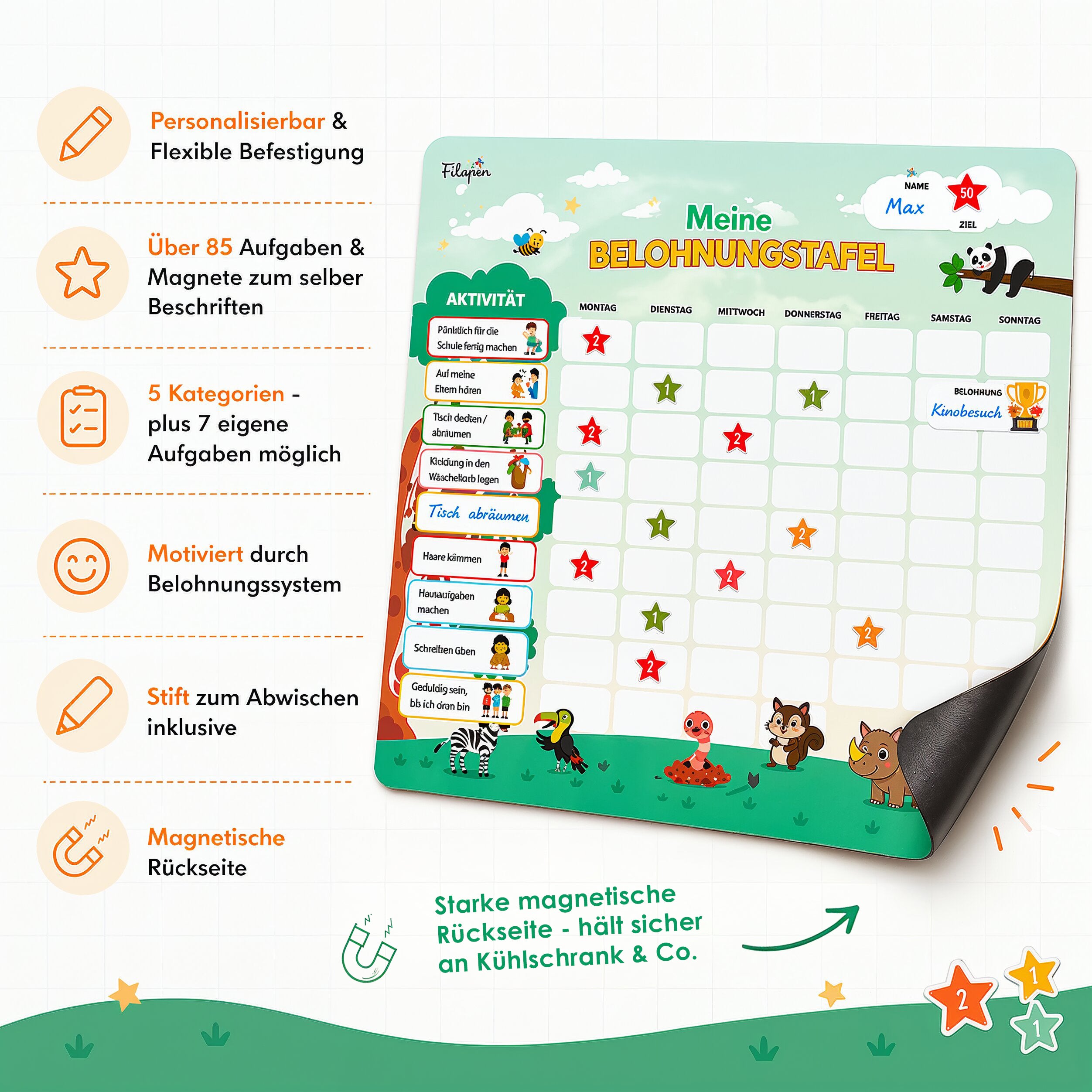 Filapen® Kinder Belohnungstafel - Montessori Magnettafel inkl. 303 Magnete