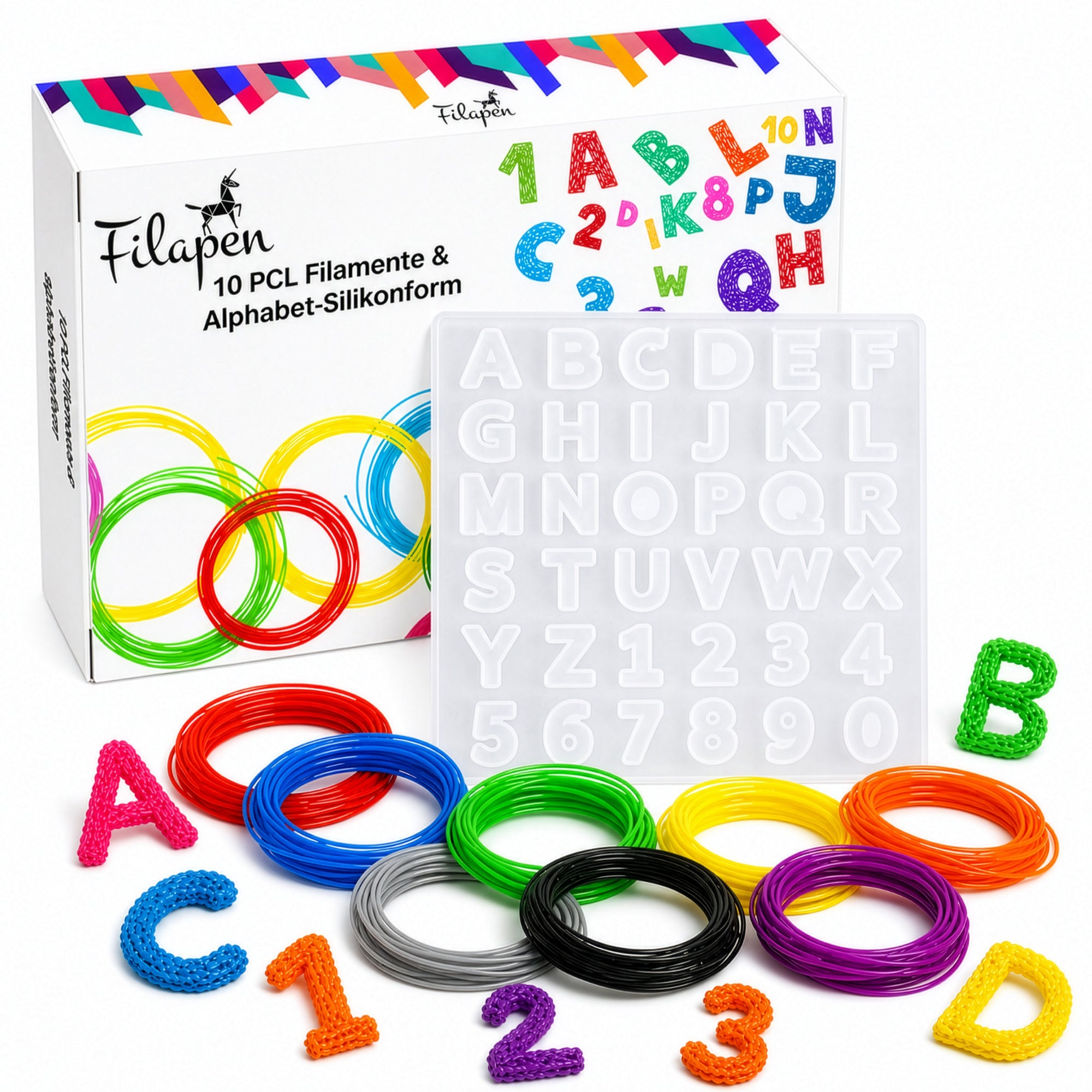 Filapen® Silikonform Alphabet und Zahlen inklusive 10 x 5m PCL-Filament