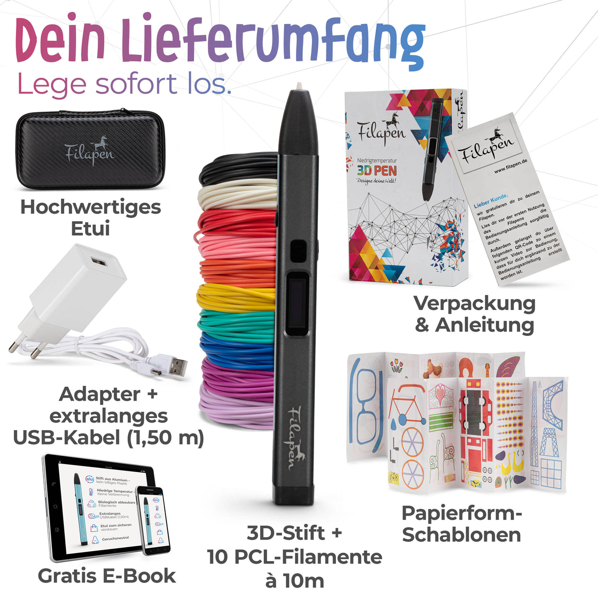 Filapen® Premium 3D Stift mit 10 Filamenten (Schwarz) - Filapen